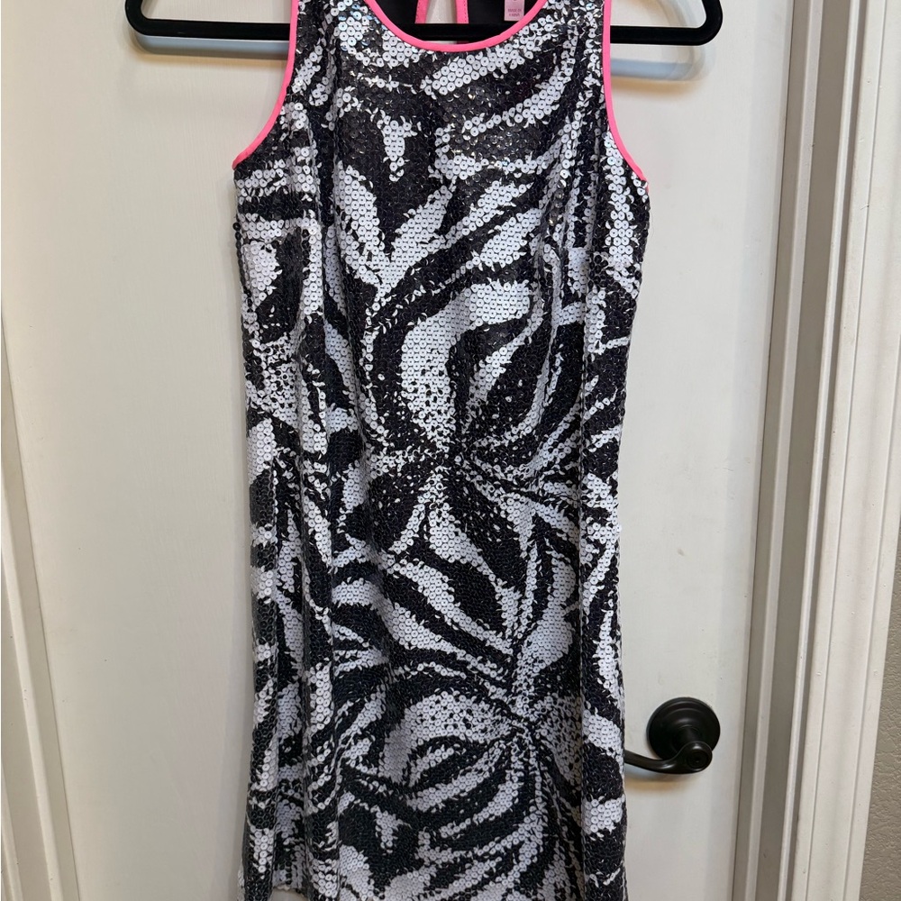 Lilly Pulitzer Black and White Sequin Zebra  Dress with Pink Accents